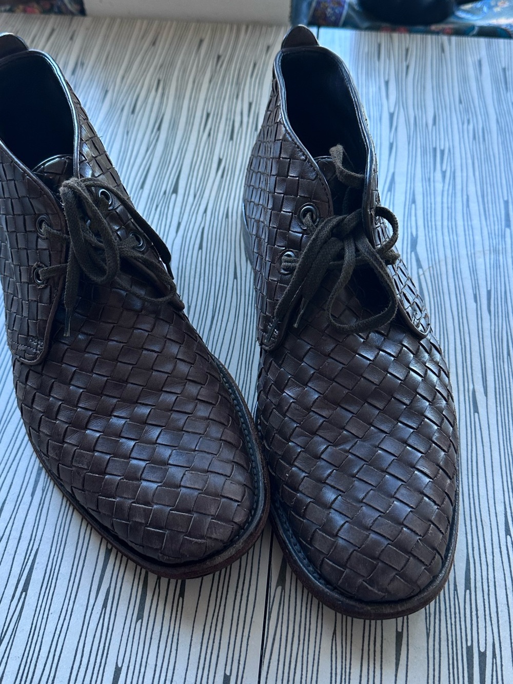 Bottega Veneta Men's Woven Leather Chukka Boots - Dark Brown, Round Toe